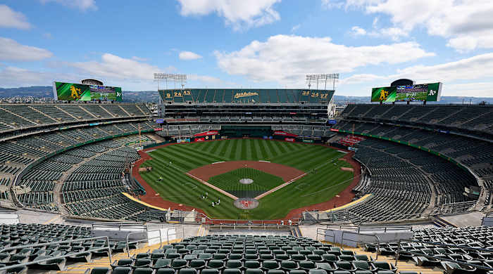 A general view of Oakland-Alameda County Coliseum from the third seating level before the game between the Tigers and the Athletics.
